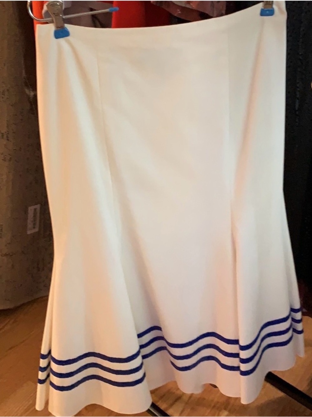 Ralph Lauren Purple Label White Flared linen Skirt with Blue Stripe Hem